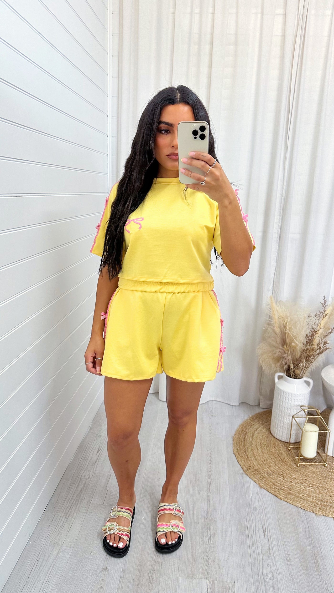 Velvet Bow Crop Top and Shorts Co-Ord - YELLOW