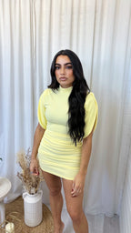 Ruched Shoulder Padded Mini Dress - LEMON