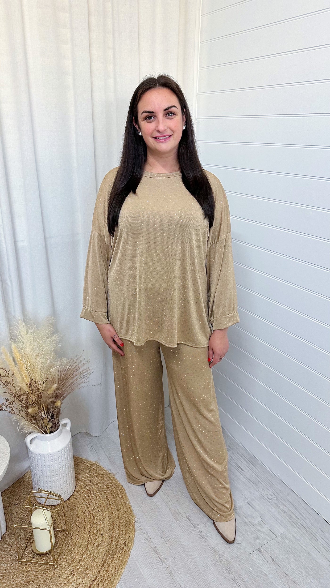 PLUS Sparkly Rhinestone Top and Trouser Co-Ord - BEIGE