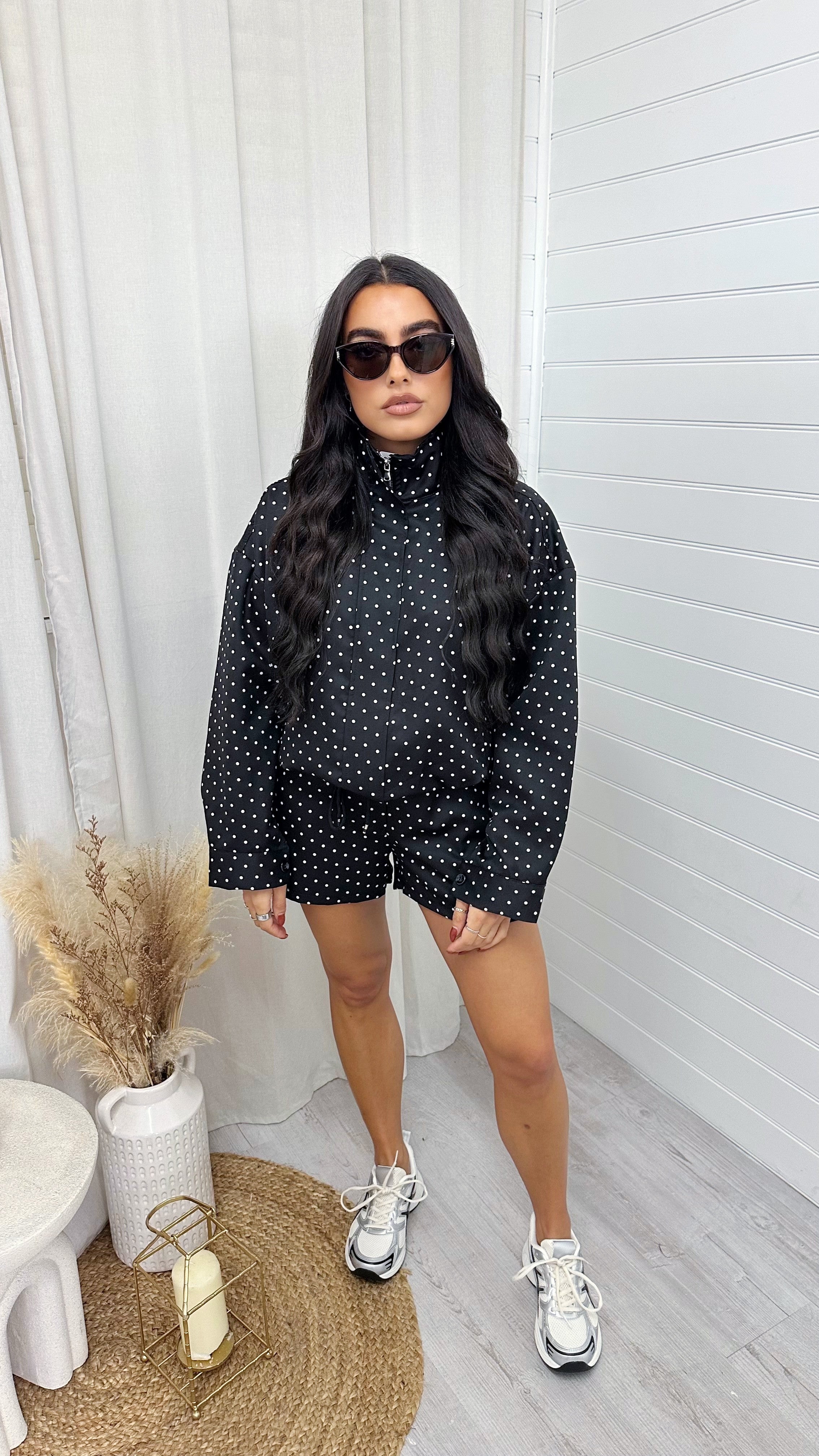 Polka Dot Bomber Jacket and Shorts Co-Ord - BLACK
