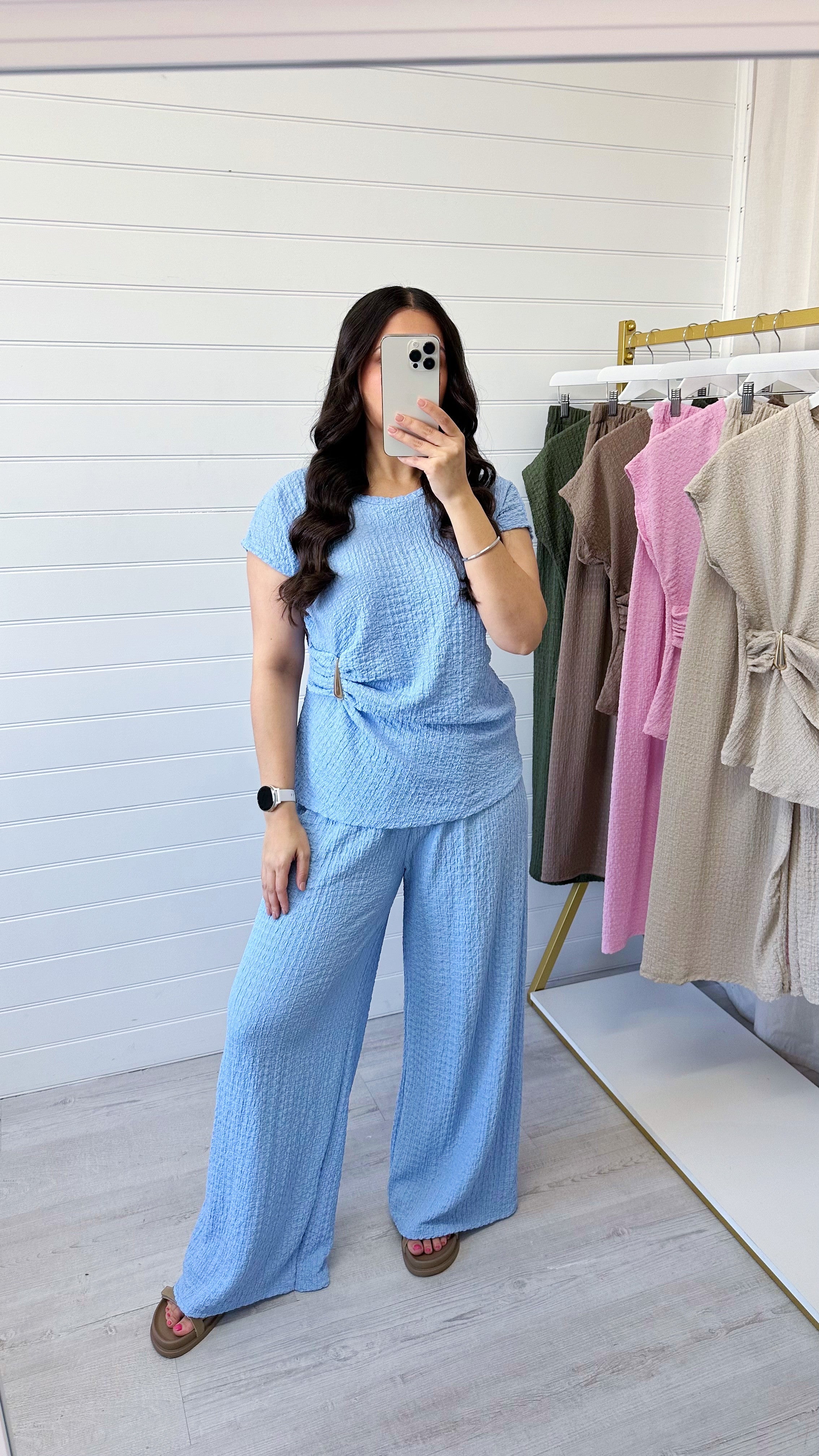 Gold Clasp Ruched Top and Wide Leg Trousers Co-Ord - BABY BLUE