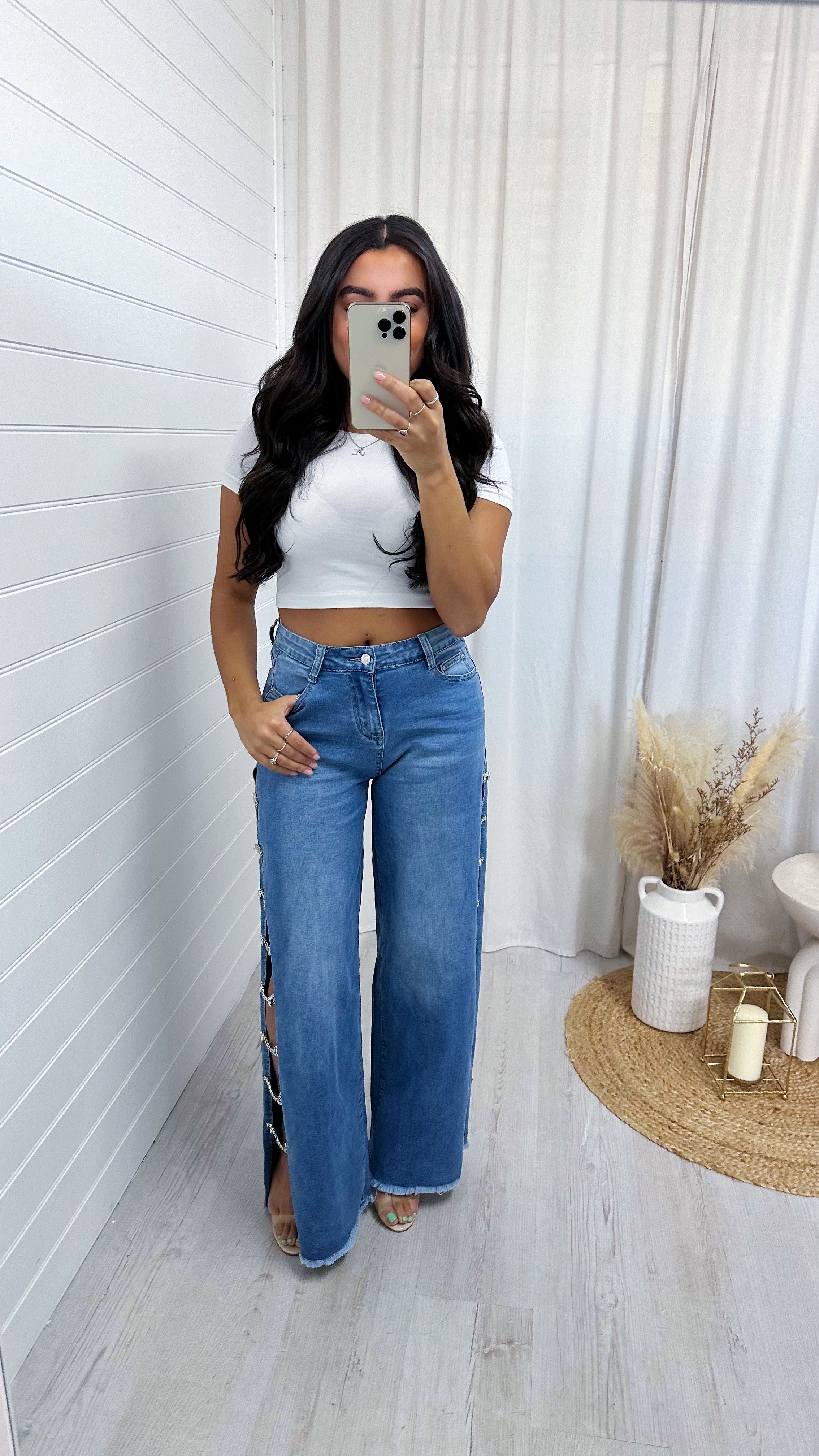 Wide Leg Diamante Droplet Side Split Jean - DARK DENIM