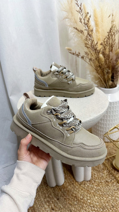 Chunky Lace Suede Sneakers - BEIGE