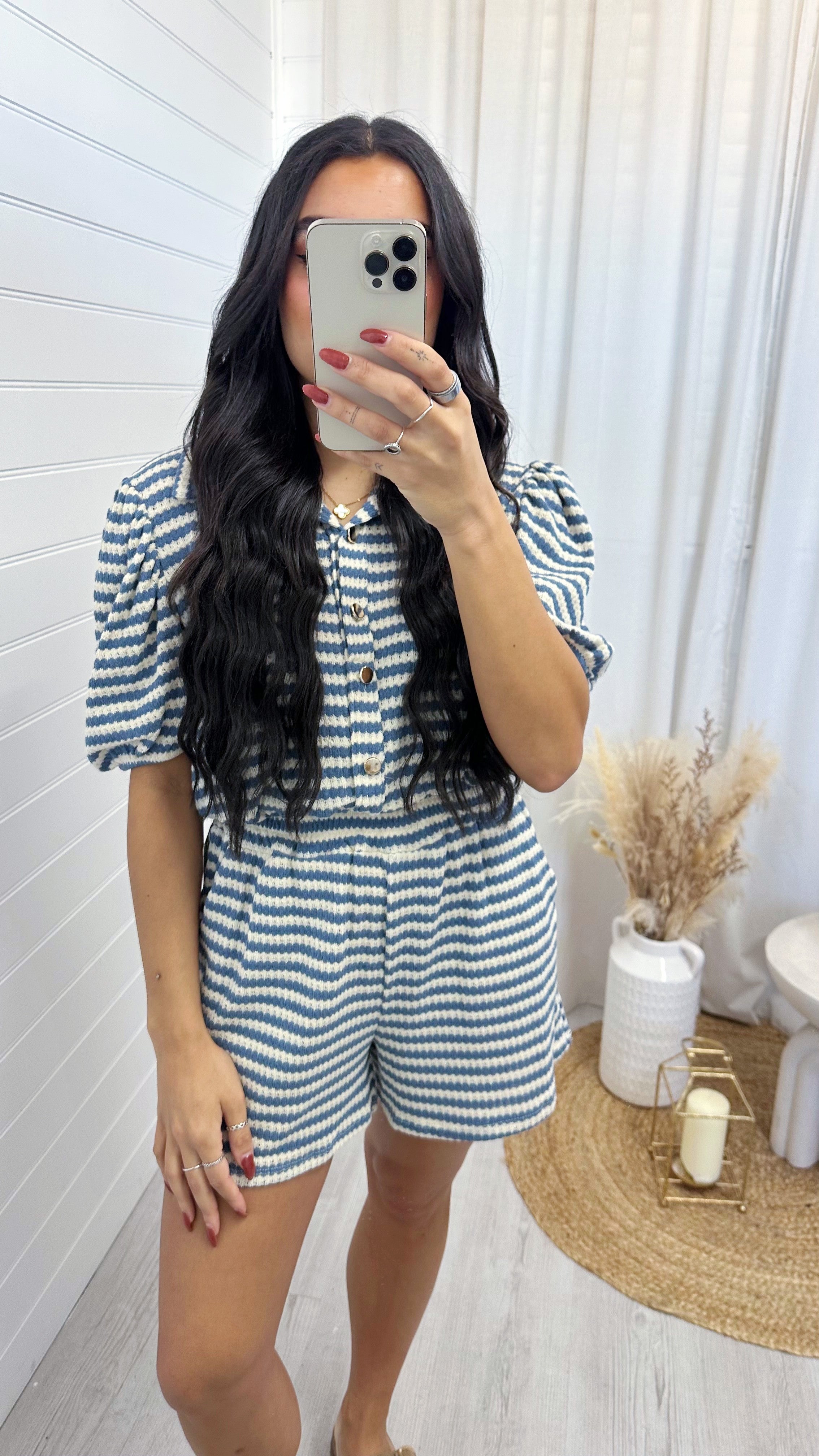 Stripey Knit Cropped Shirt and Shorts Co-Ord - DENIM BLUE