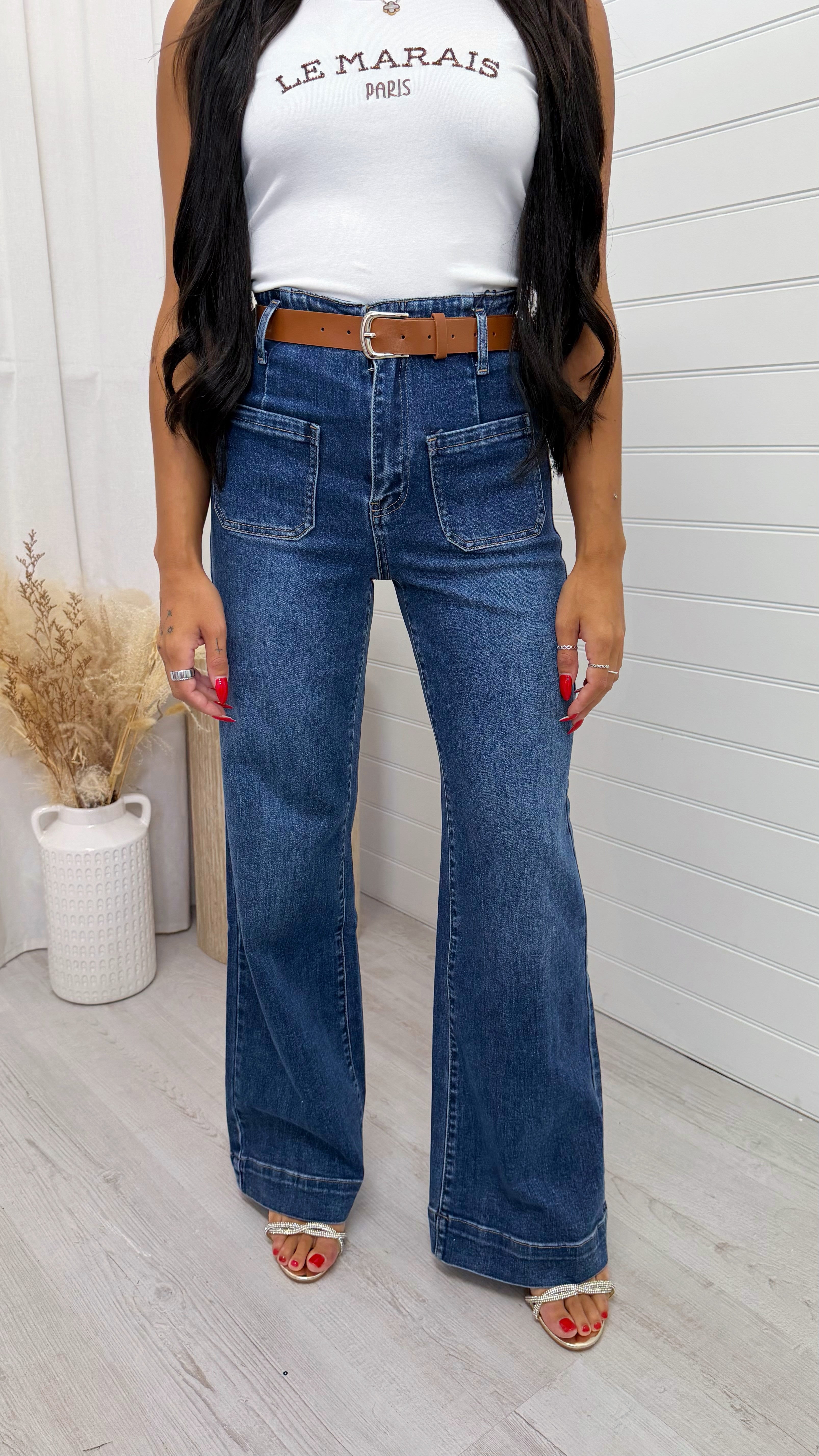 Front Pocket Flare Jeans With Belt - DARK DENIM