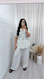 Polka Dot Cinched Shirt and Trousers Co-Ord - WHITE
