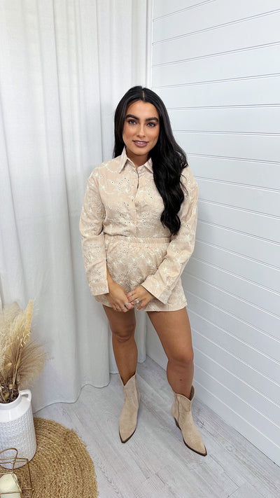 Embroidered Flower Pattern Shirt and Shorts Co-Ord - BEIGE