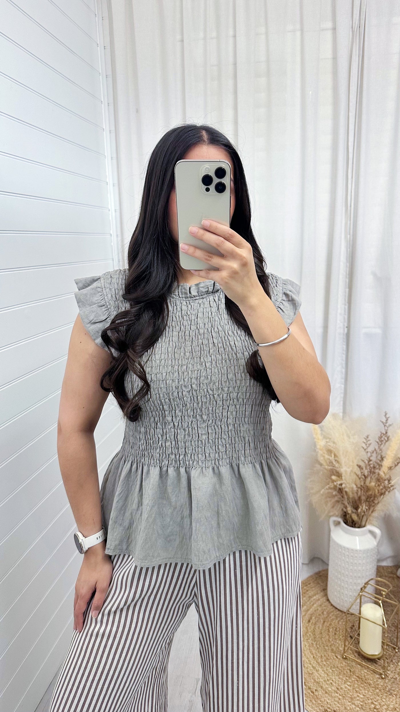 Shirred Peplum Vest Top - DOVE GREY