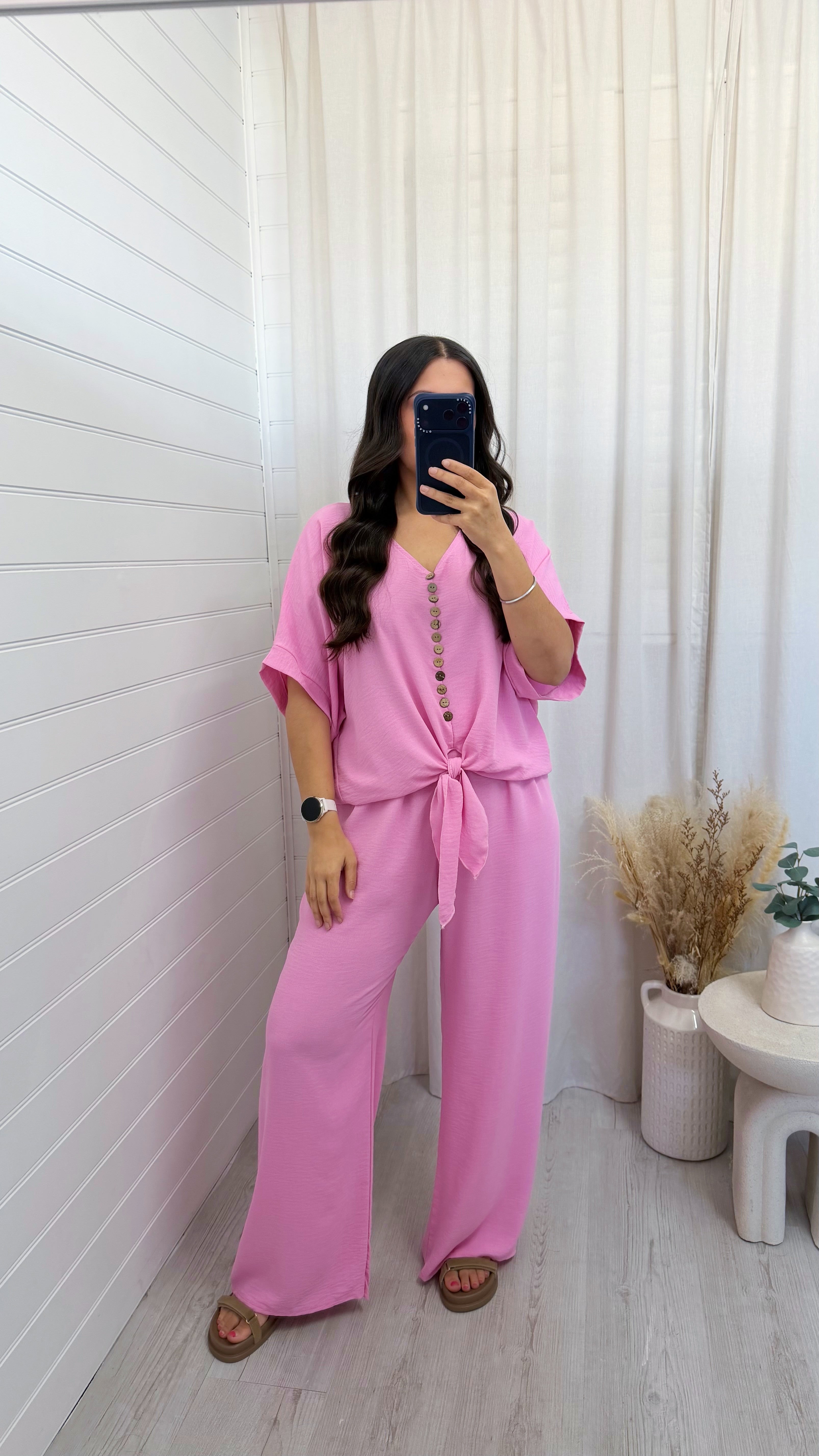Tie Knot Button Top and Trousers Co-Ord - BABY PINK