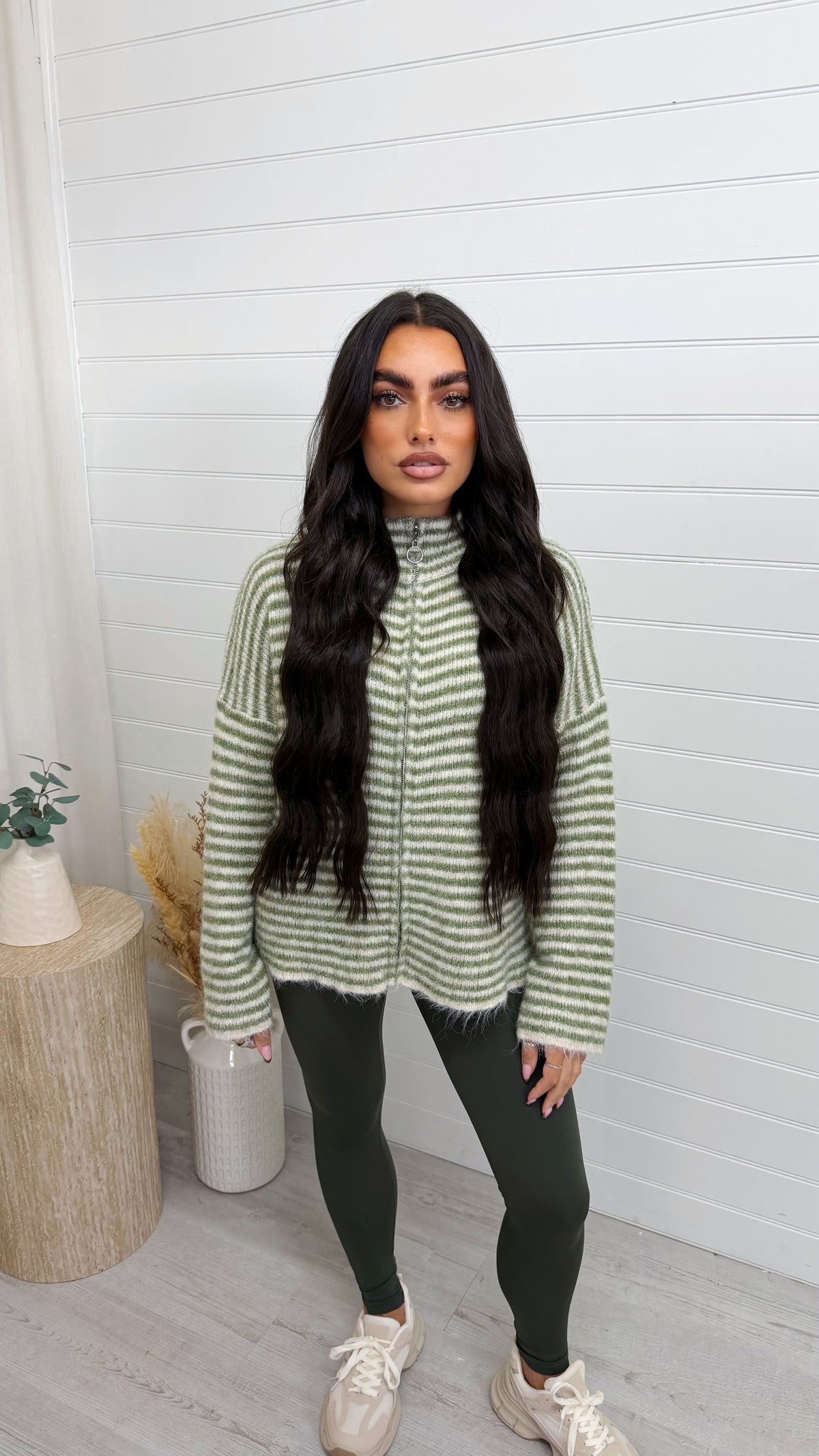 Stripe Zip Woollen Jacket  - KHAKI