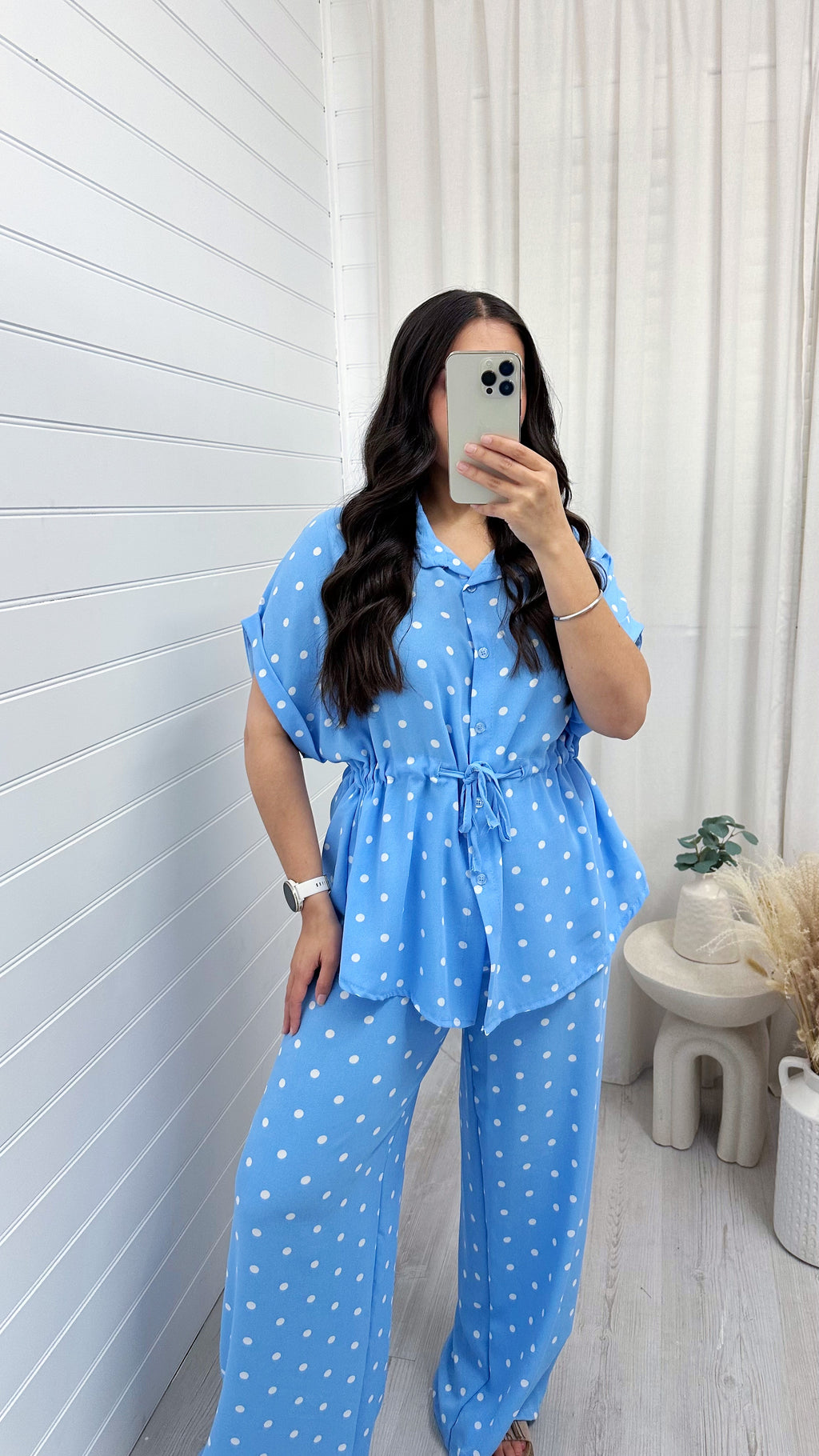 Polka Dot Cinched Shirt and Trousers Co-Ord - BABY BLUE