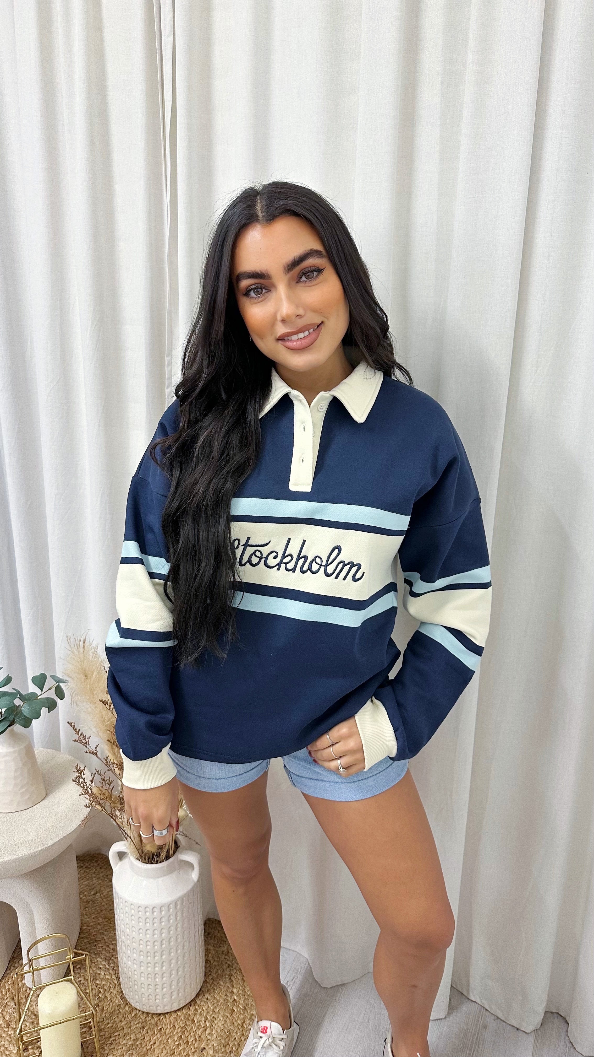 Stockholm Fleece Rugby Sweatshirt - NAVY/CREAM