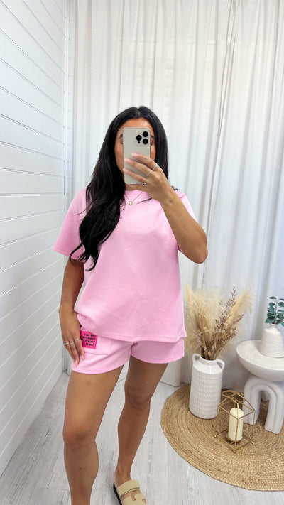 Graphic Badge Baggy T-Shirt and Shorts Co-Ord - PINK