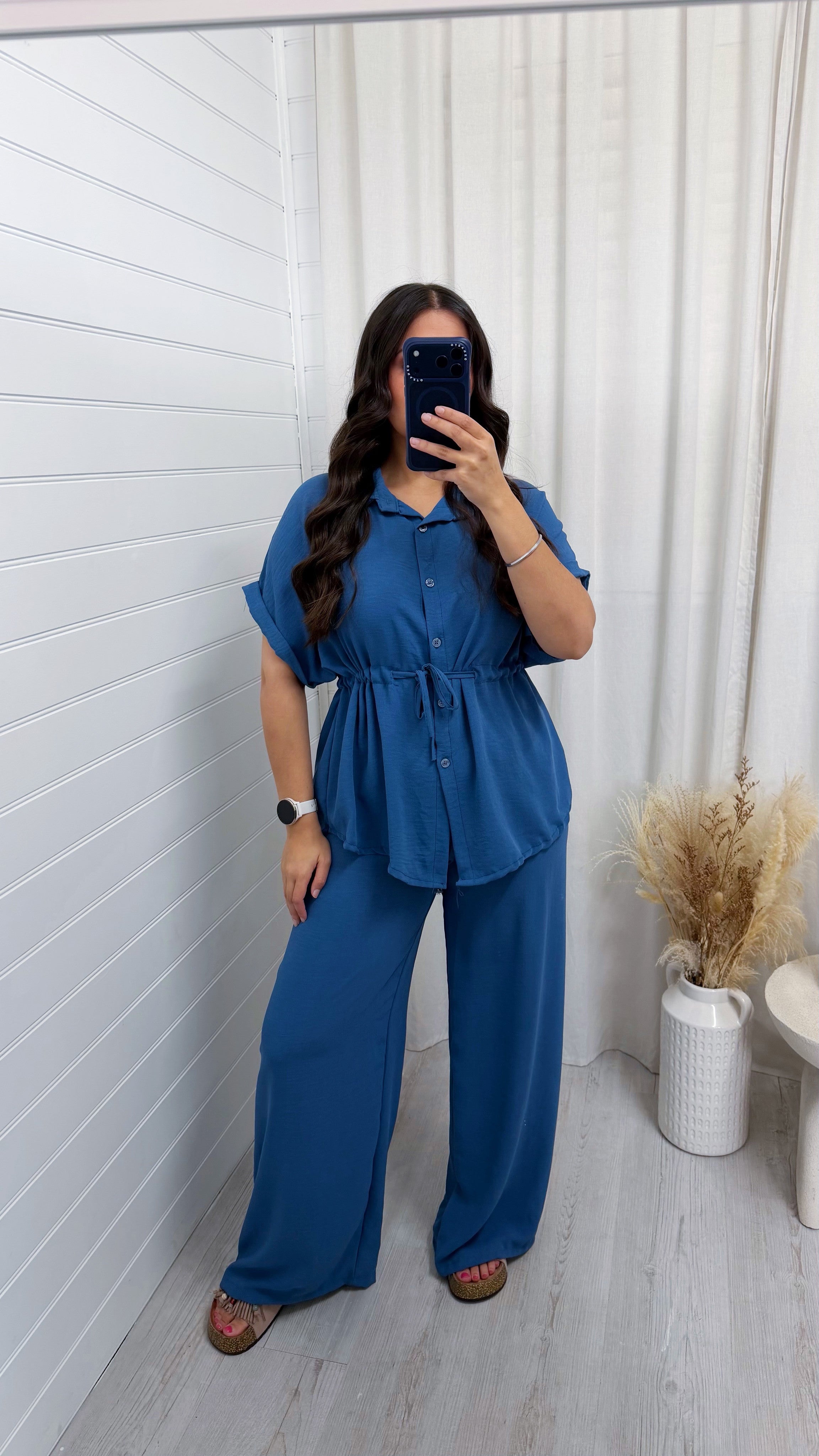 Cinched Shirt and Trousers Co-Ord - DENIM BLUE