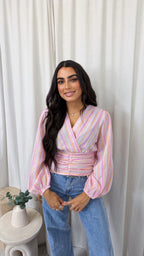 Pinstripe Wrap Over Crop Blouse - BABY PINK