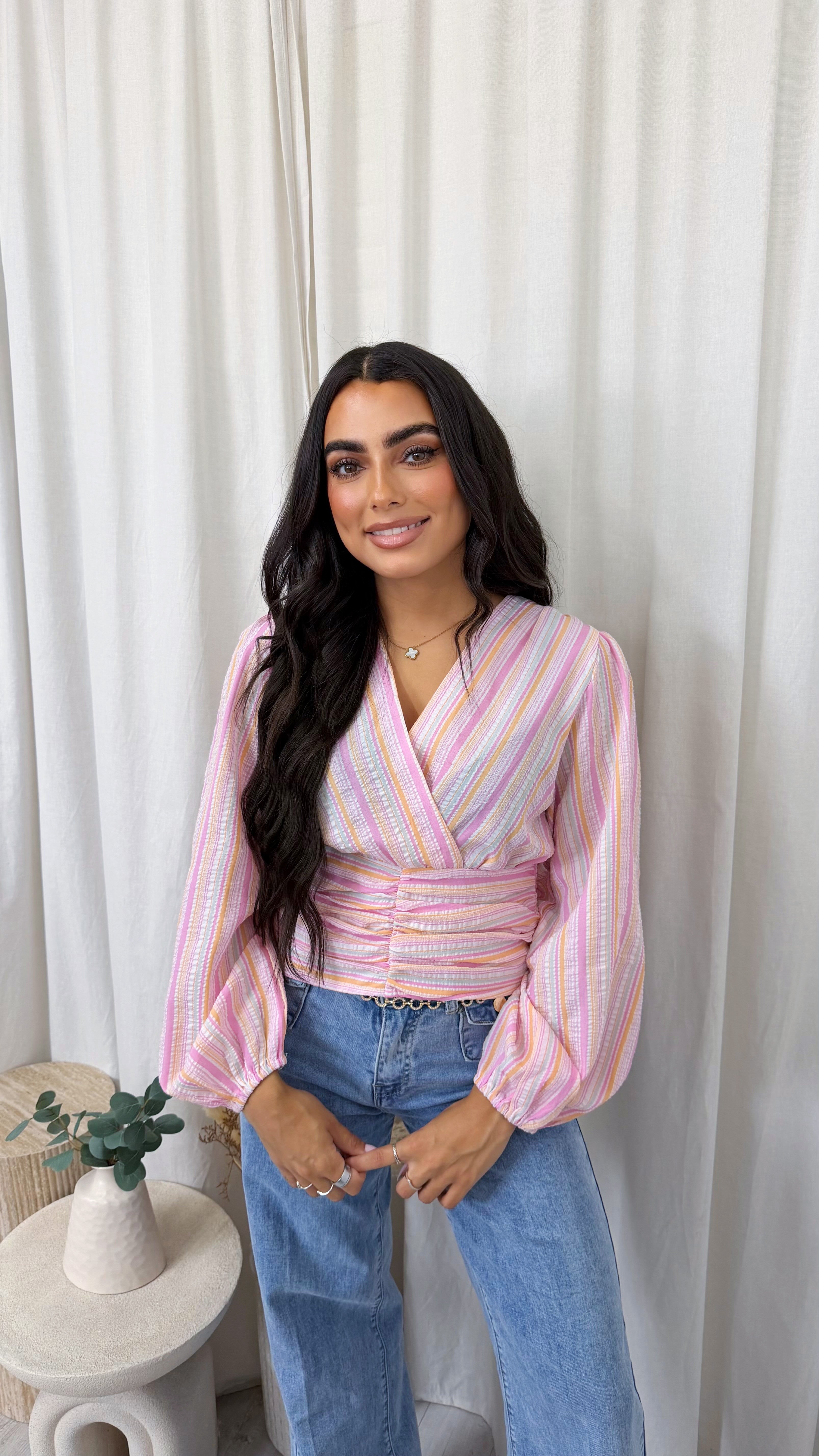 Pinstripe Wrap Over Crop Blouse - BABY PINK