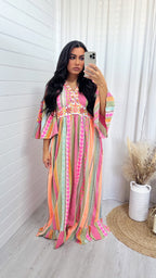 Aztec Embroidered Maxi Dress - PINK/ORANGE