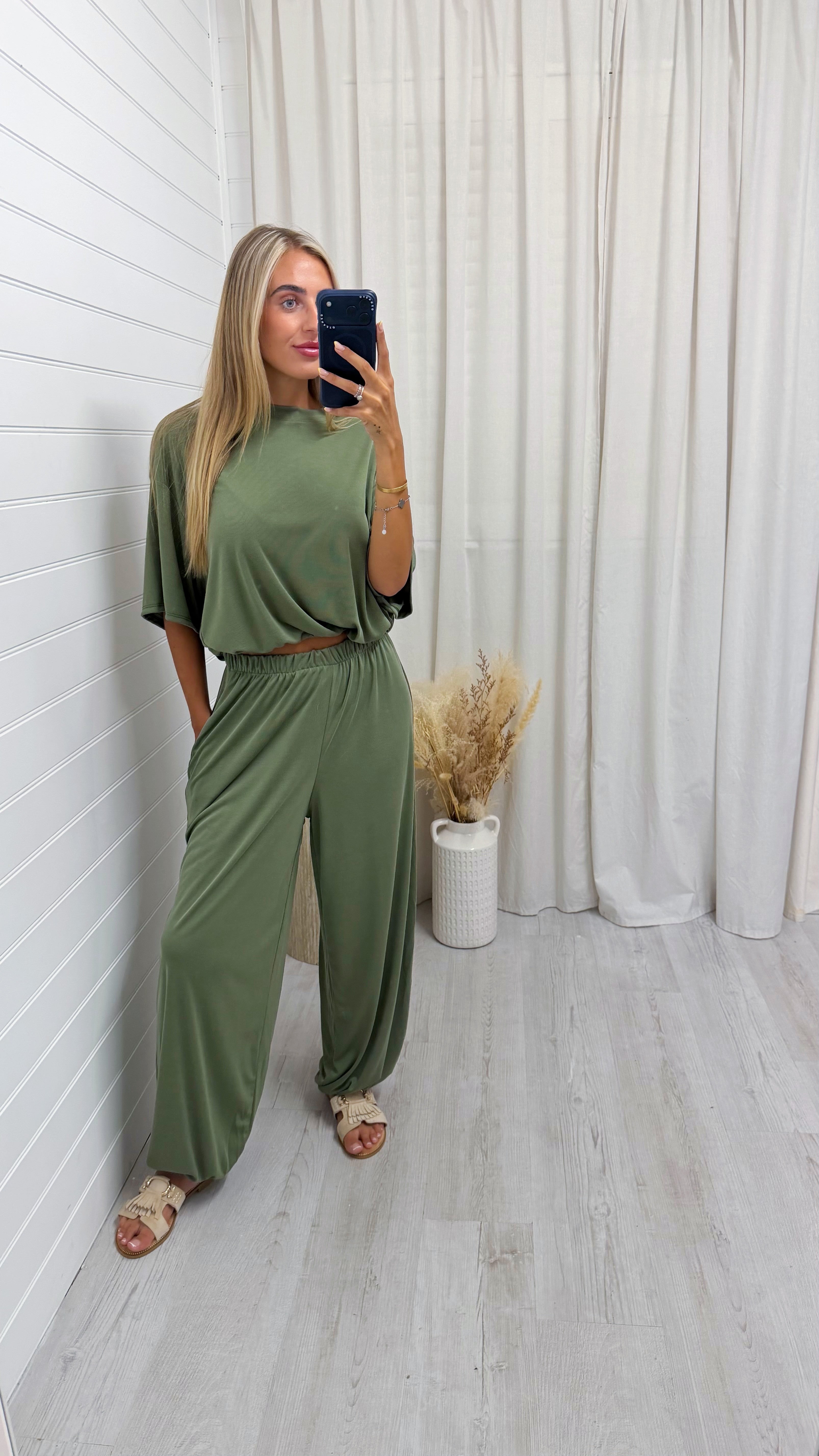 Gathered T-Shirt and Balloon Trousers Co-Ord - KHAKI