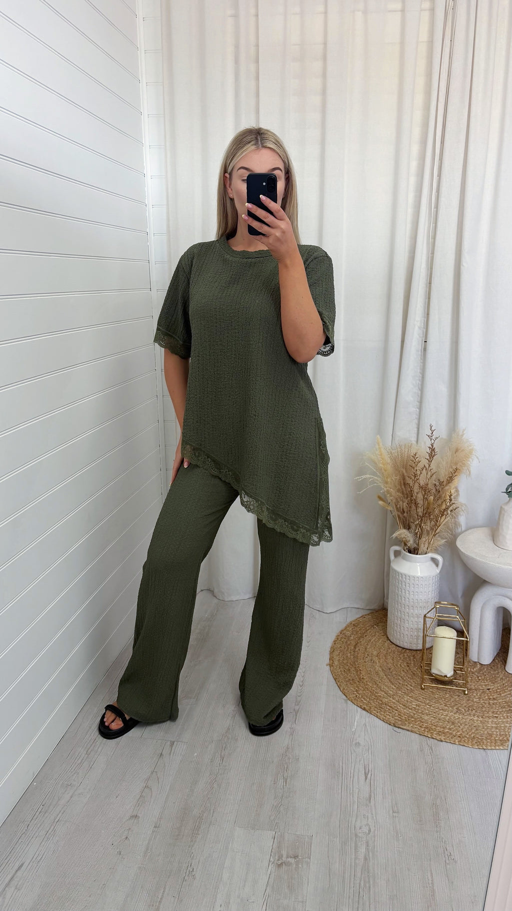 Lace Hem Asymmetric Co-Ord - KHAKI