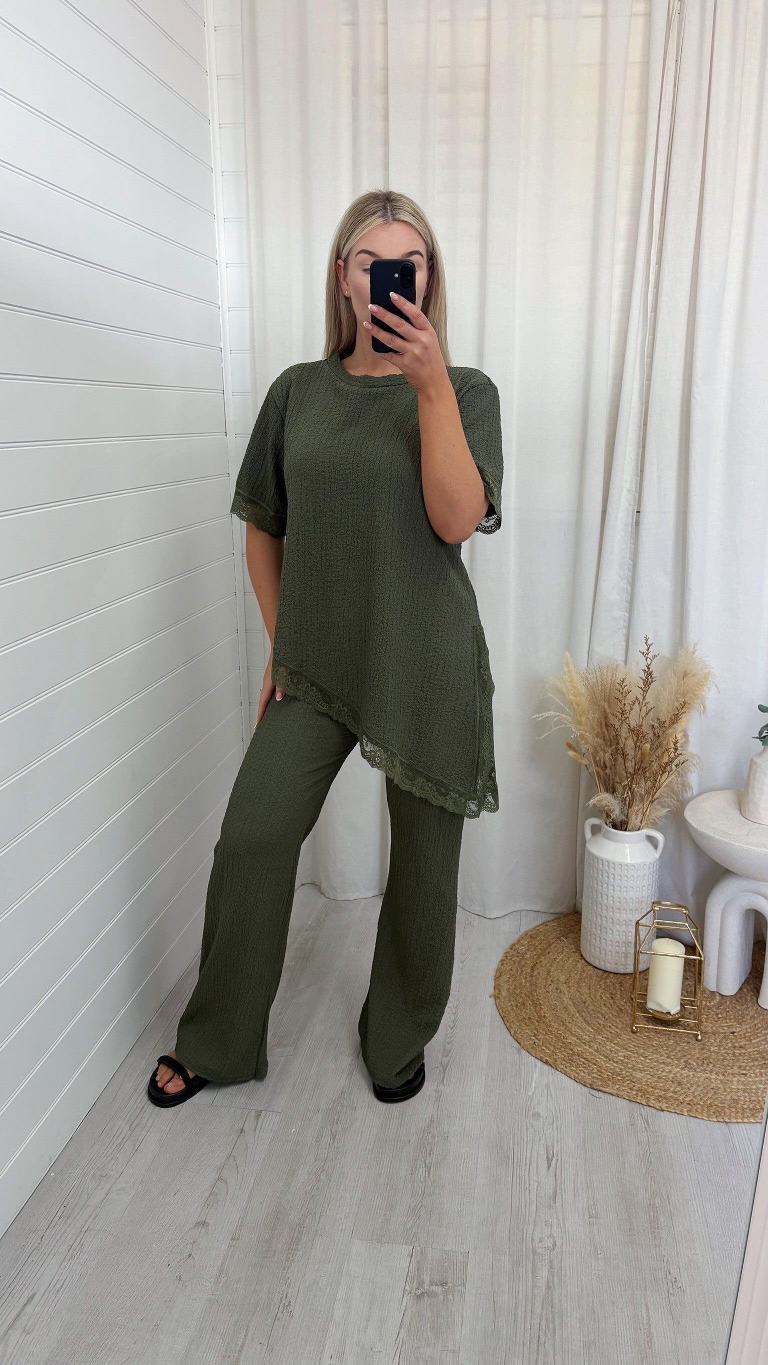 Lace Hem Asymmetric Co-Ord - KHAKI