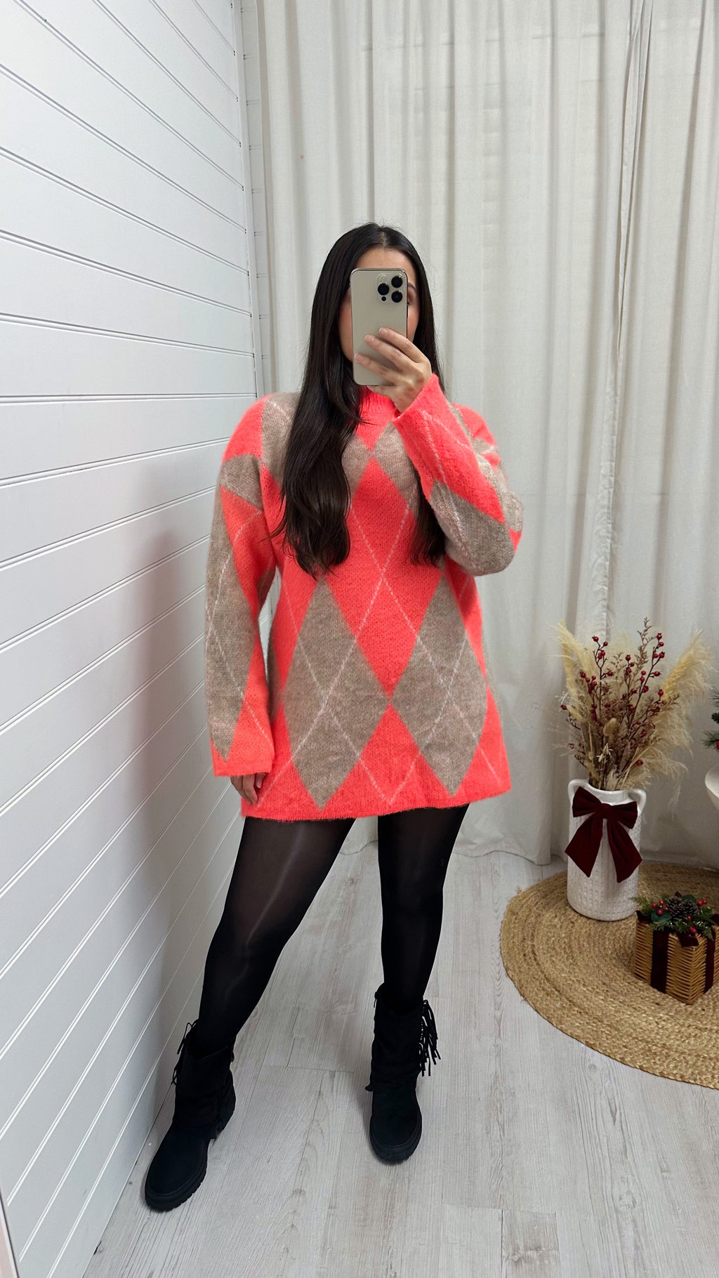 Argyle Woollen Jumper Dress - CORAL