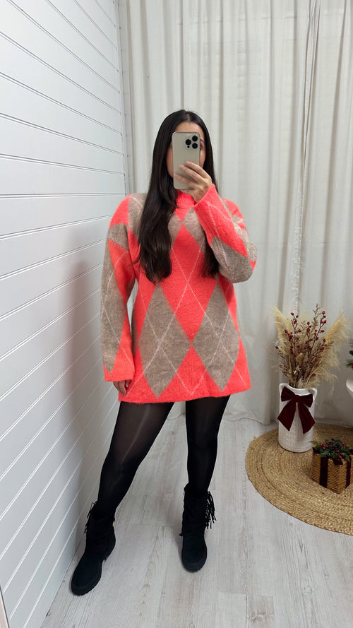 Argyle Woollen Jumper Dress - CORAL