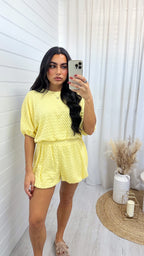 Laser Cut Mesh Balloon Top and Shorts Co-Ord - LEMON