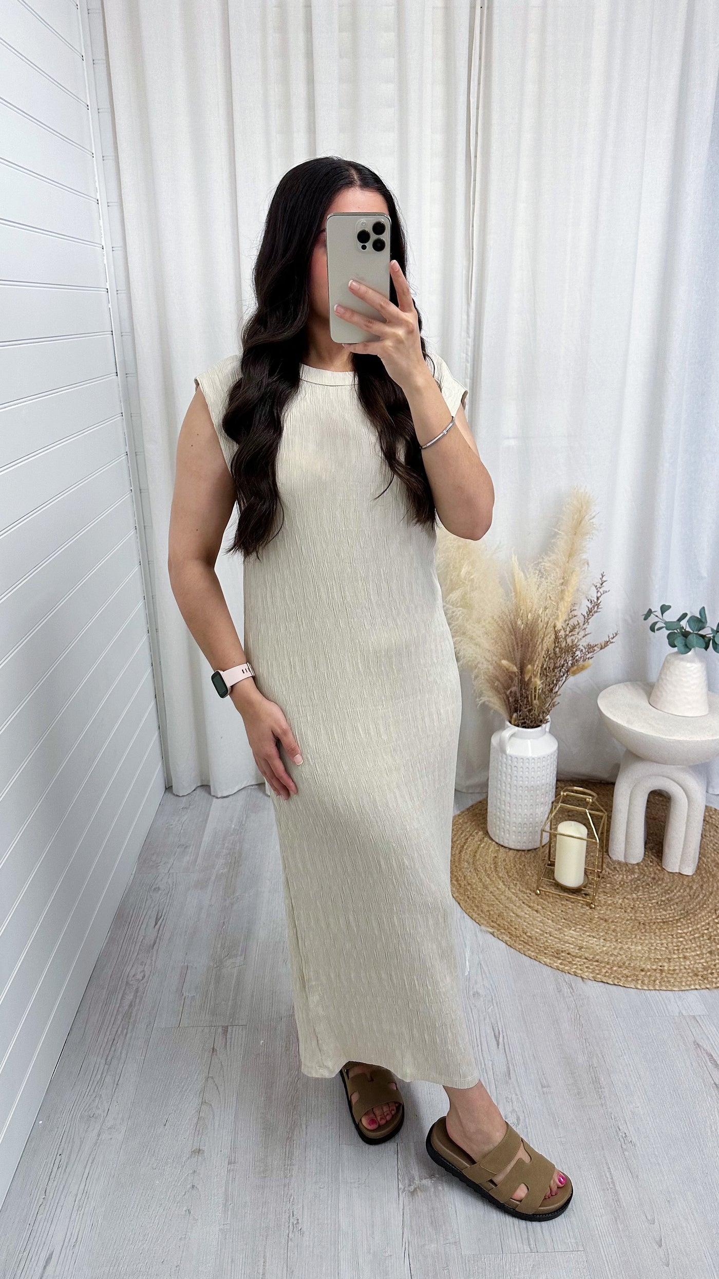 Plain Crinkle Midi Dress - BEIGE