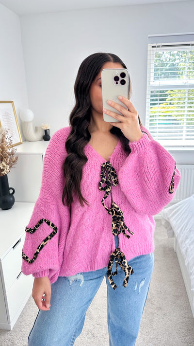 Leopard Bow Tie Cardigan - PINK