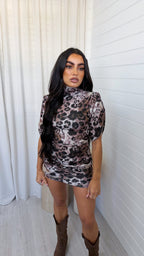 Ruched Shoulder Padded Mini Dress - LEOPARD PRINT