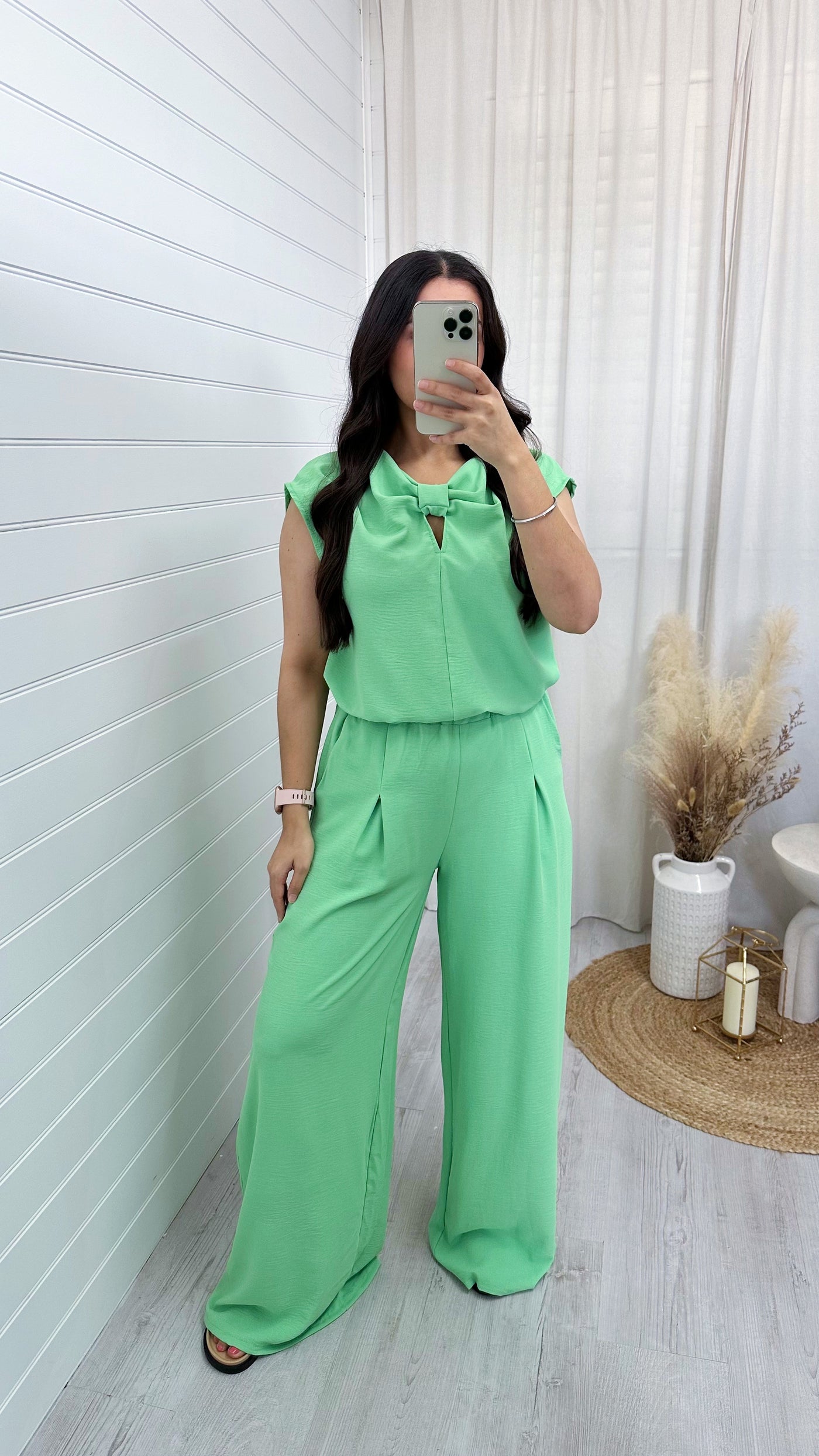 Sleeveless Bow Top and Wide Leg Trousers Co-Ord - APPLE GREEN