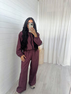 Check Wide Leg Co-ord - BURGUNDY