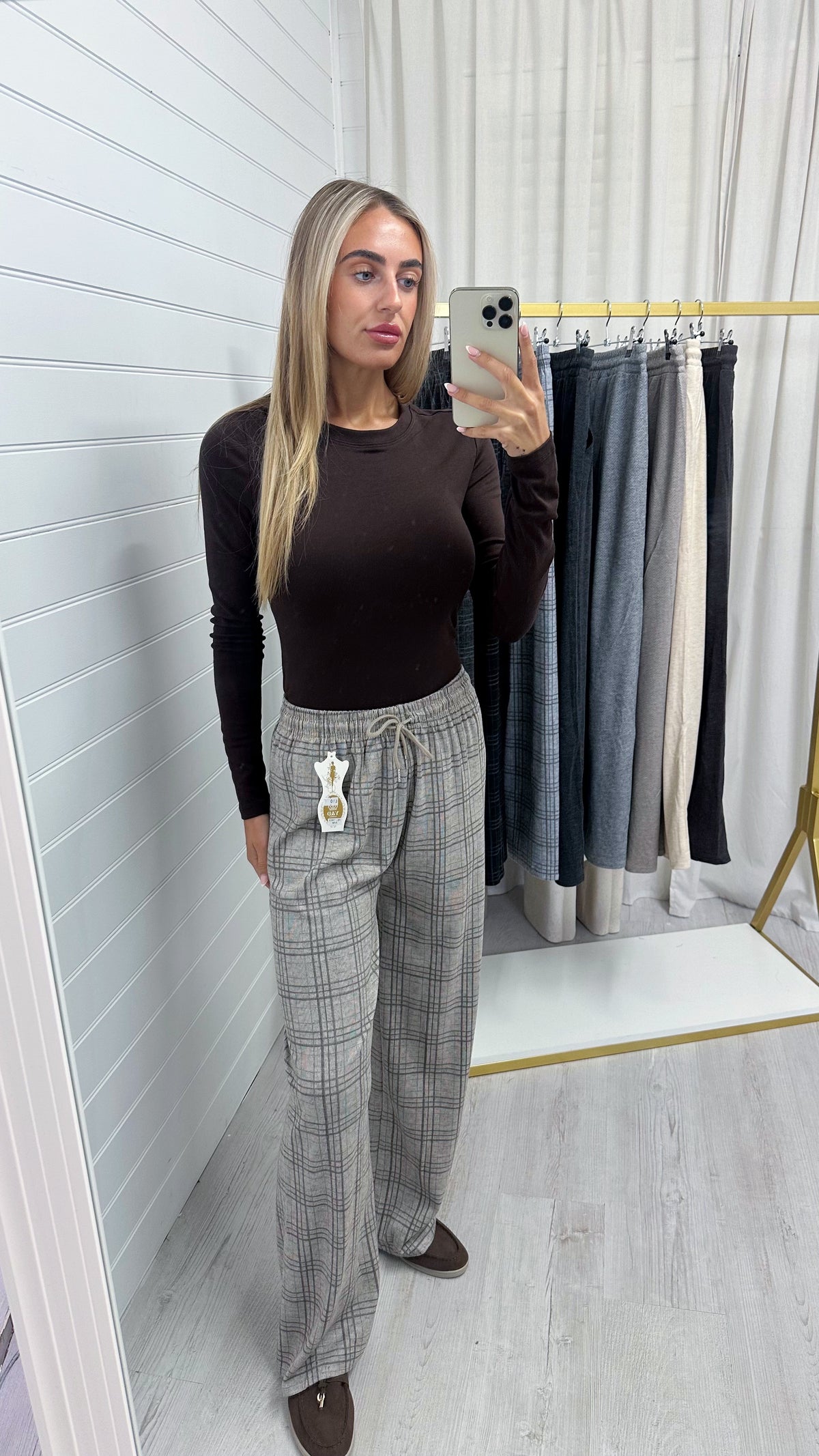 Check Wide Leg Trousers - BEIGE
