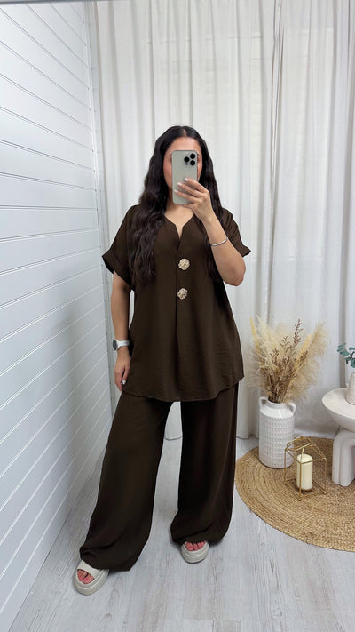 Gold Button V Neck Top and Wide Leg Trousers Co-Ord - BROWN