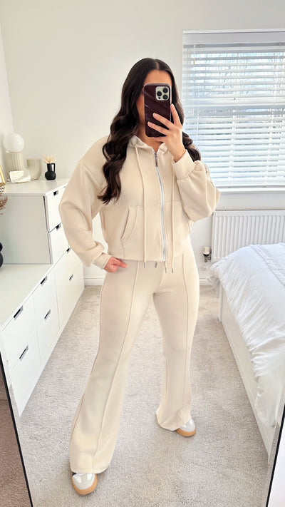 Crop Jacket and Flare Joggers Tracksuit - CREAM