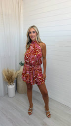 Paisley Print Halter Neck Frill Dress - PINK