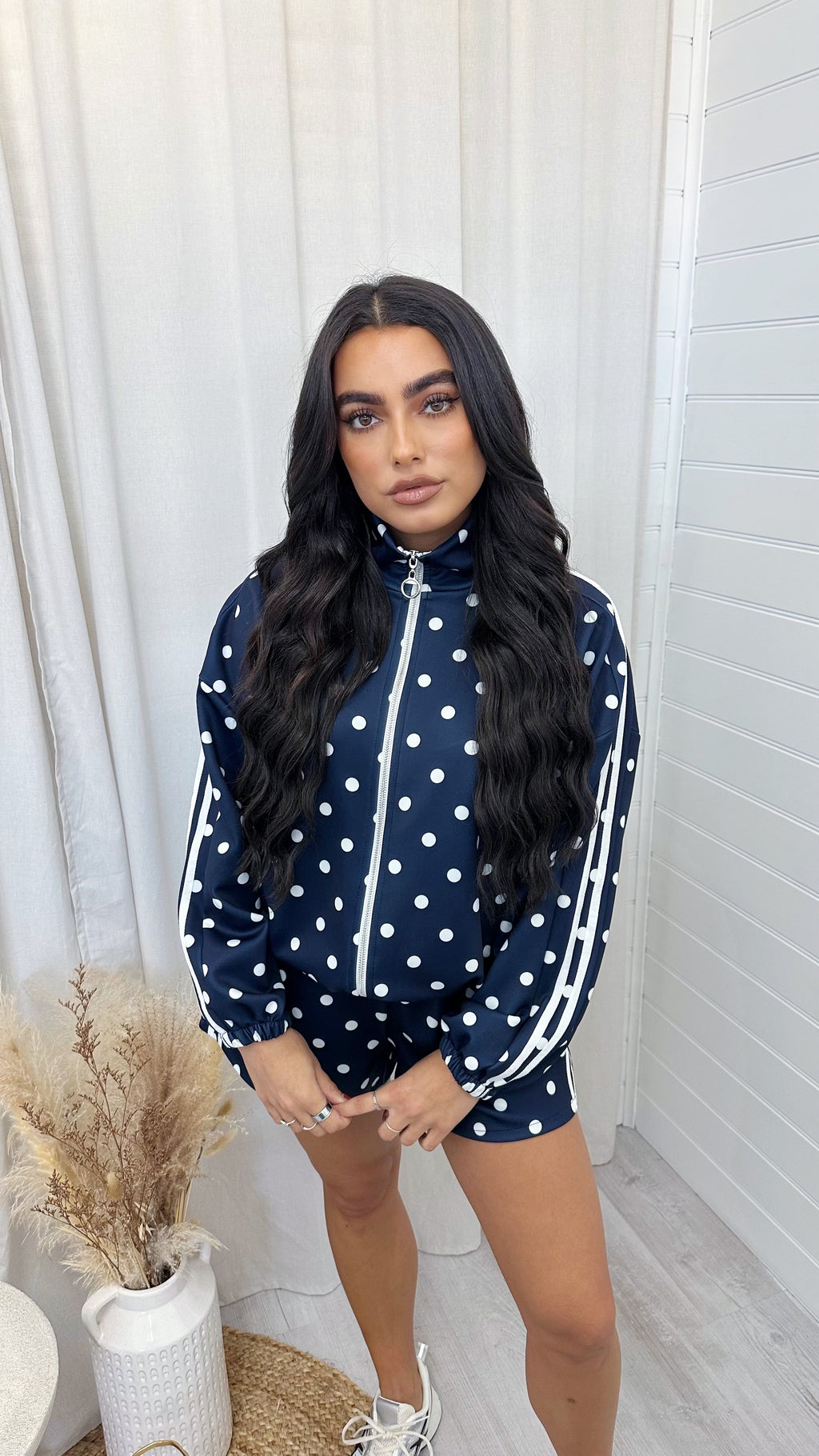 Retro Stripe Polka Dot Jacket and Shorts Co-Ord - NAVY