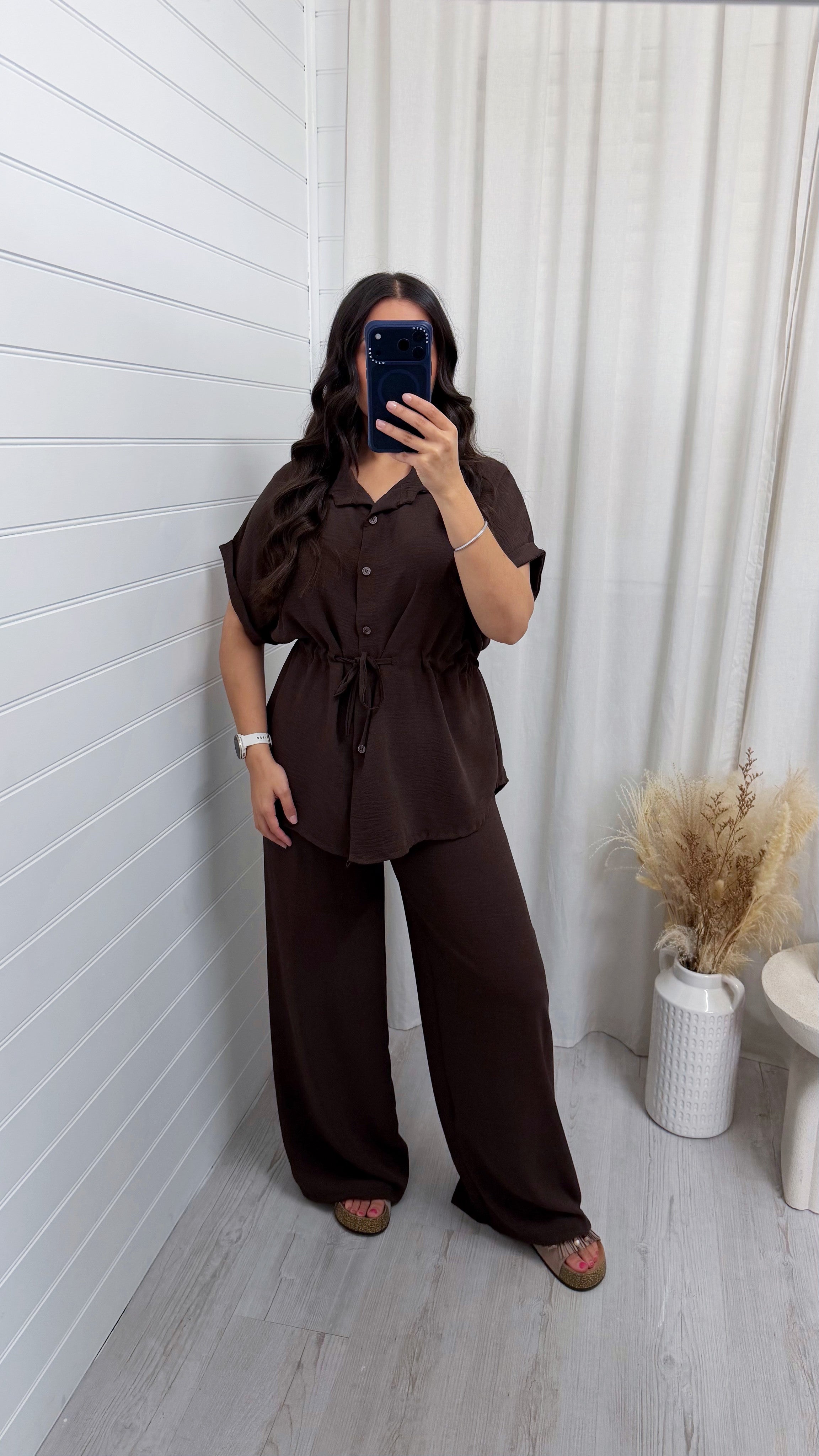 Cinched Shirt and Trousers Co-Ord - BROWN