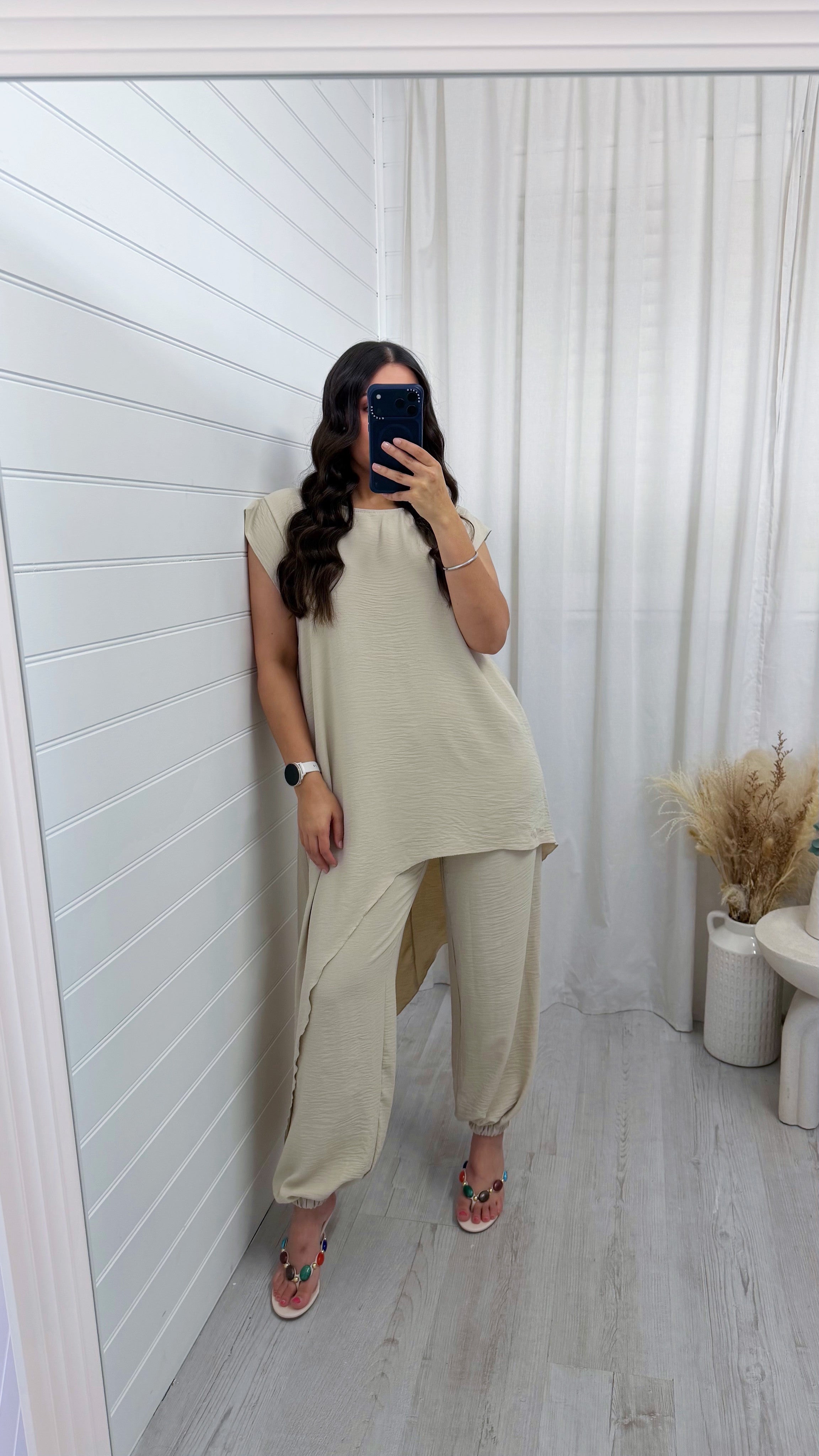 Draped Asymmetric Top and Cuff Trousers Co-Ord - BEIGE