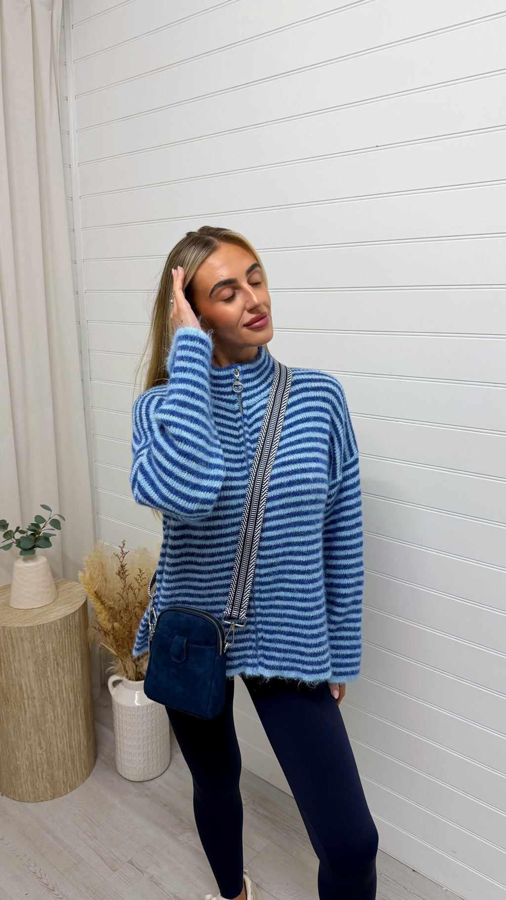 Stripe Zip Woollen Jacket  - BLUE