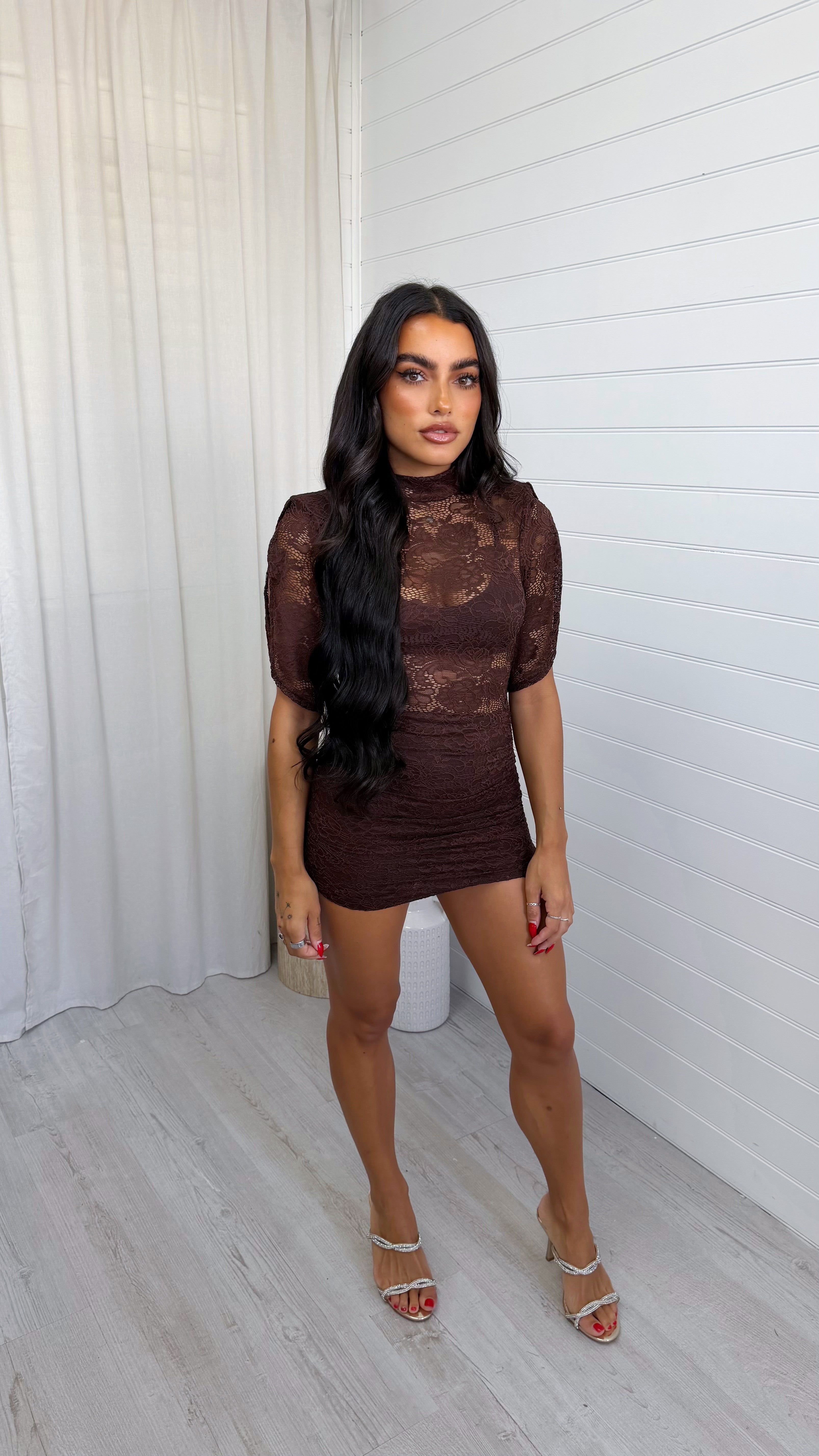 Lace Ruched Shoulder Padded Mini Dress - BROWN