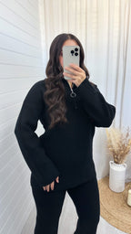 Chunky Knitted Quarter Zip Top and Trousers Co-Ord - BLACK