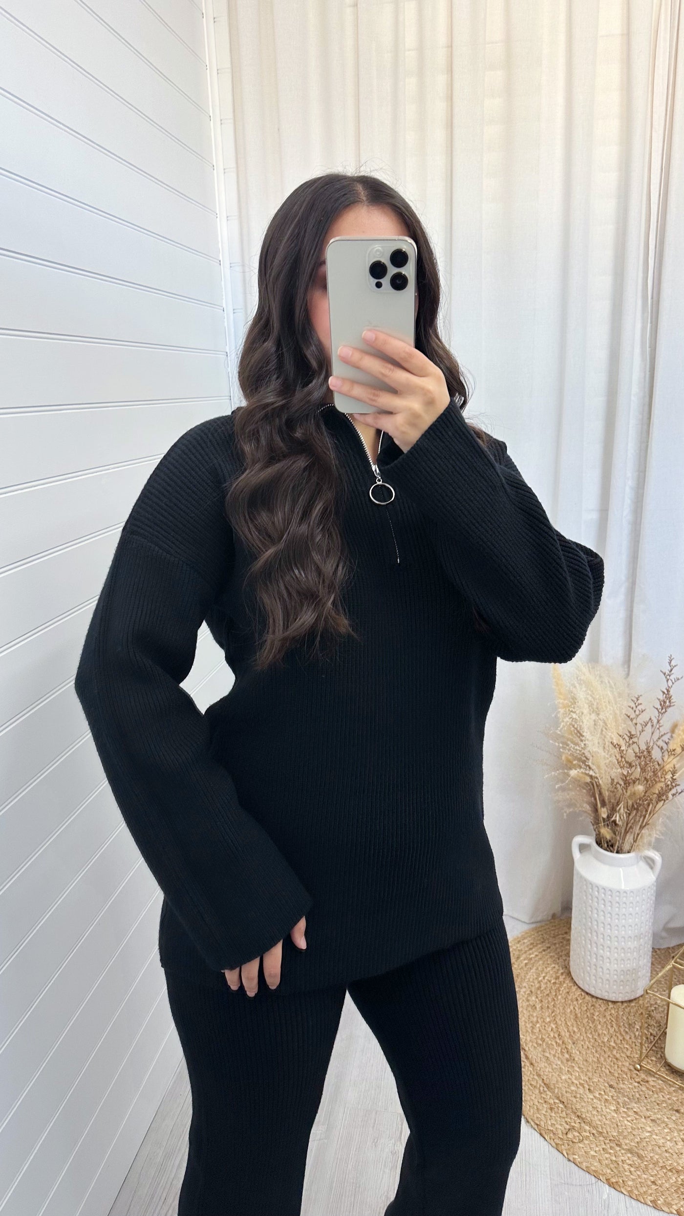 Chunky Knitted Quarter Zip Top and Trousers Co-Ord - BLACK