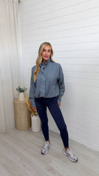 Gingham Toggle Bottom Bomber Jacket - NAVY