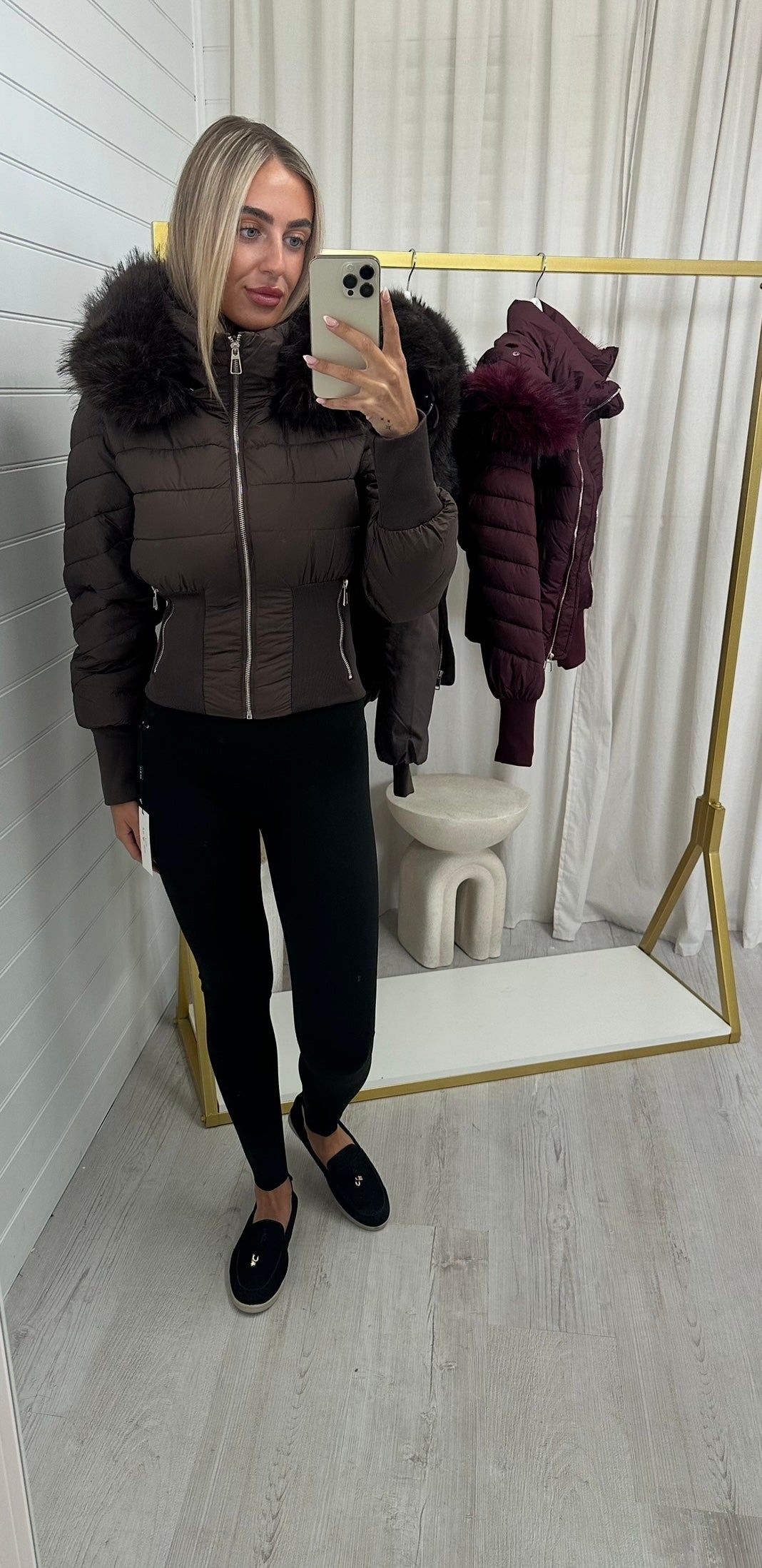 Fur Hooded Cinched Puffer Jacket - BROWN