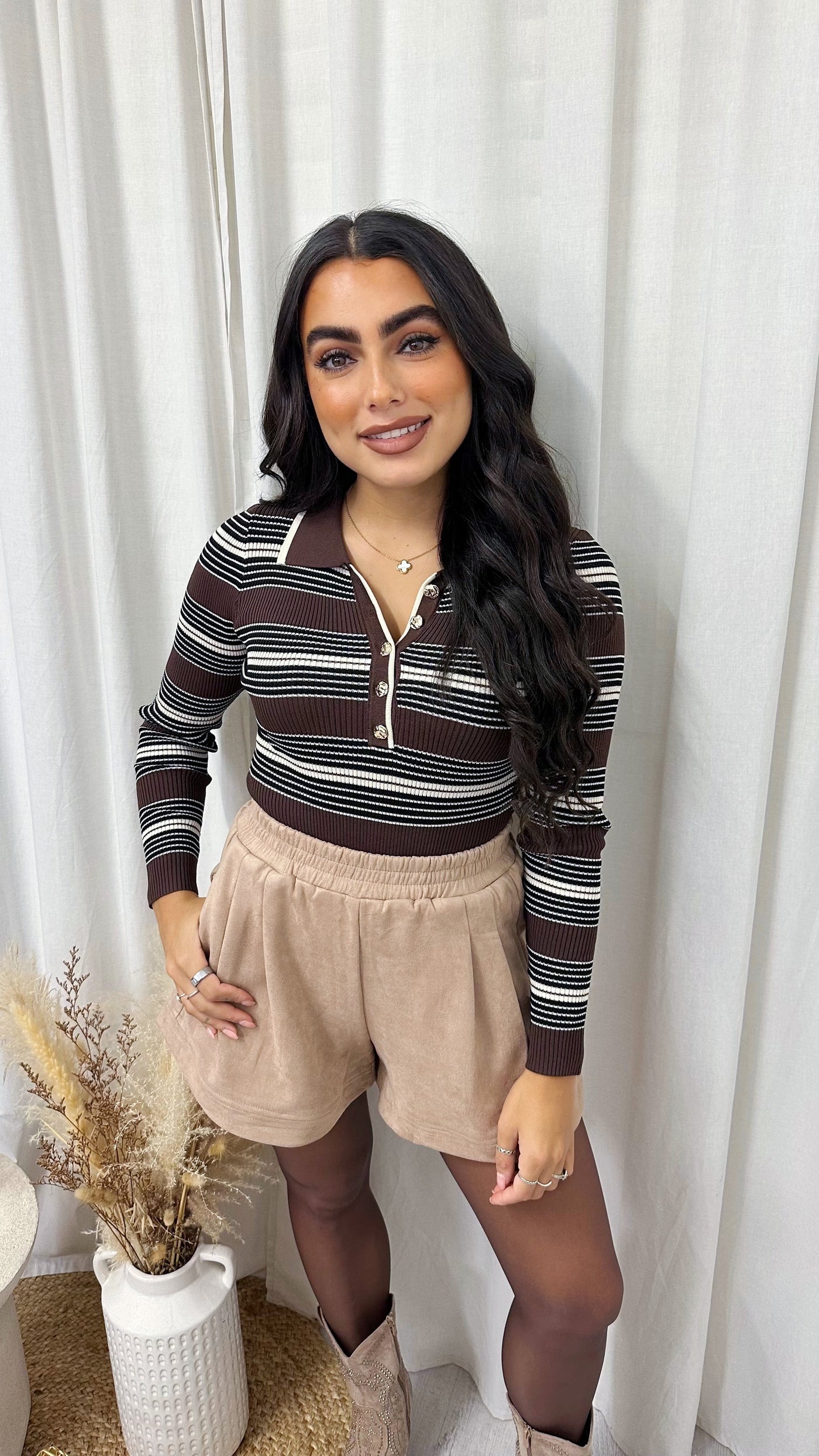 Constrast Stripe Knitted Bodysuit - BROWN