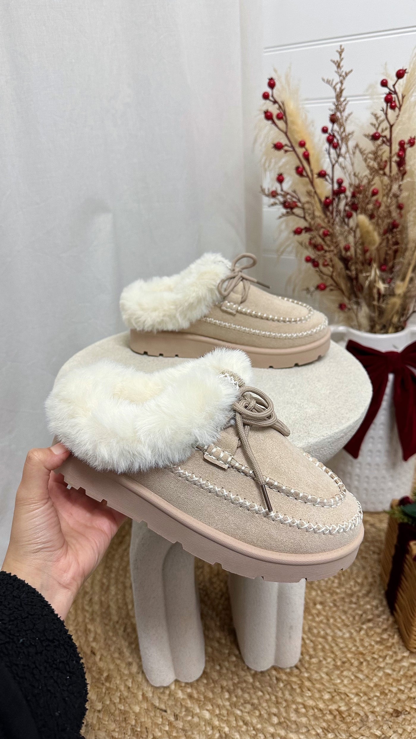 Fur Lined Embroidered Mules - LIGHT BEIGE