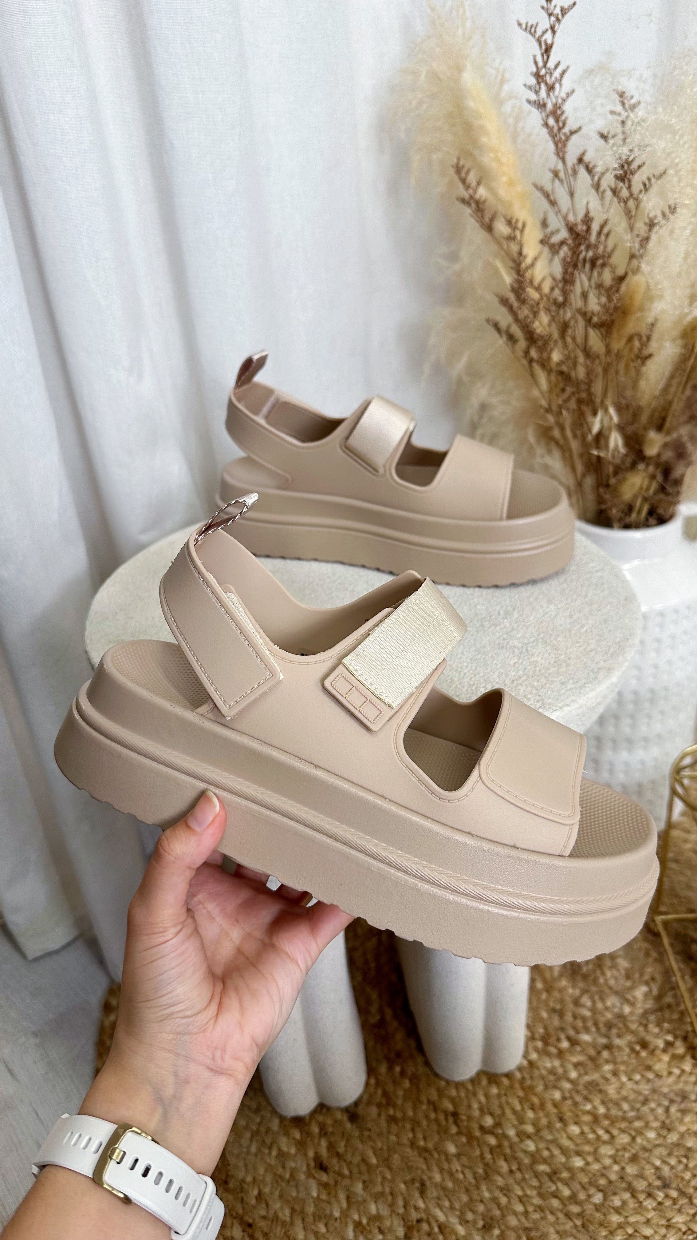 Chunky Velcro Strap Sandals - TAUPE