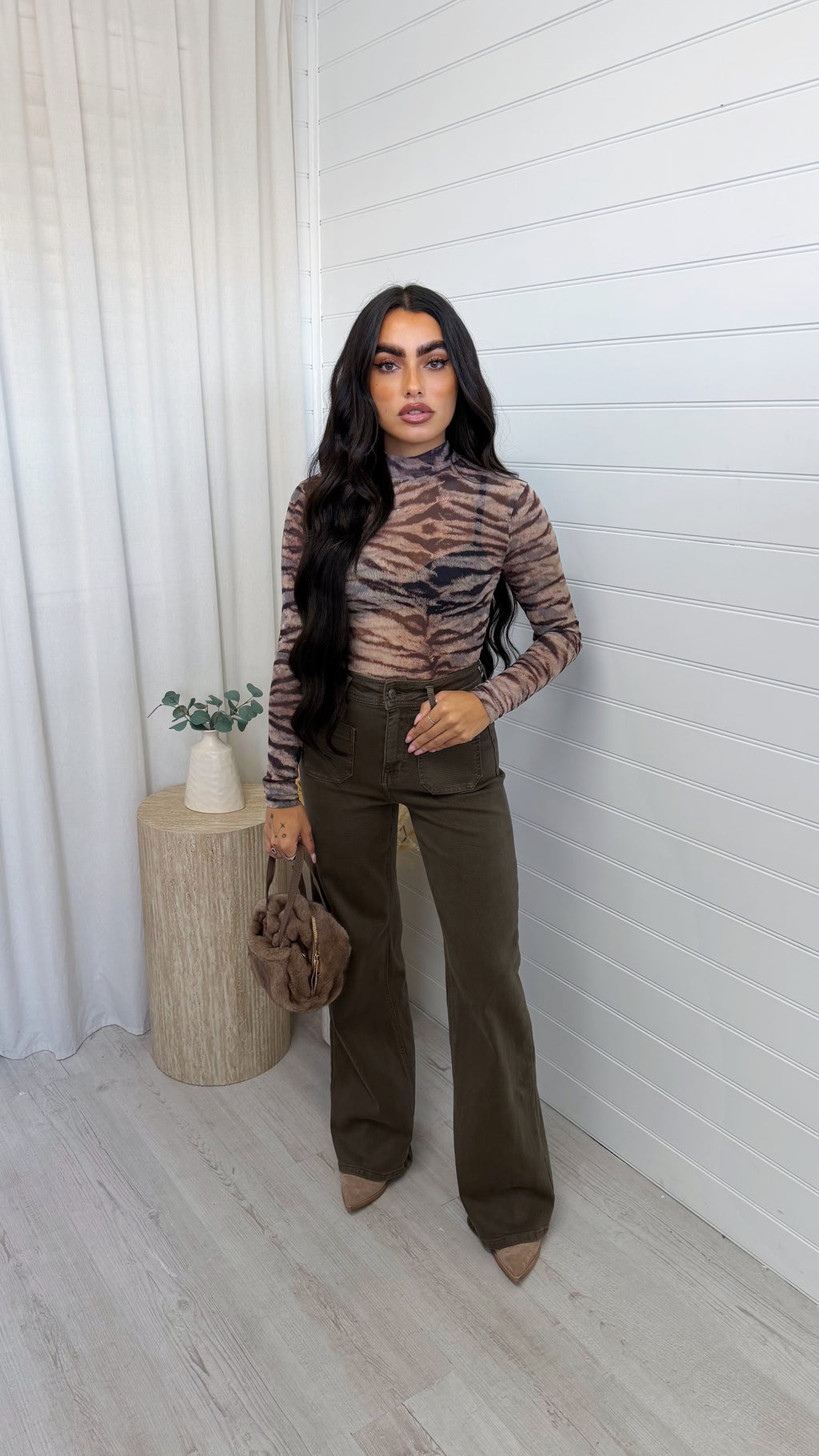 Zebra Print Mesh Bodysuit - BEIGE