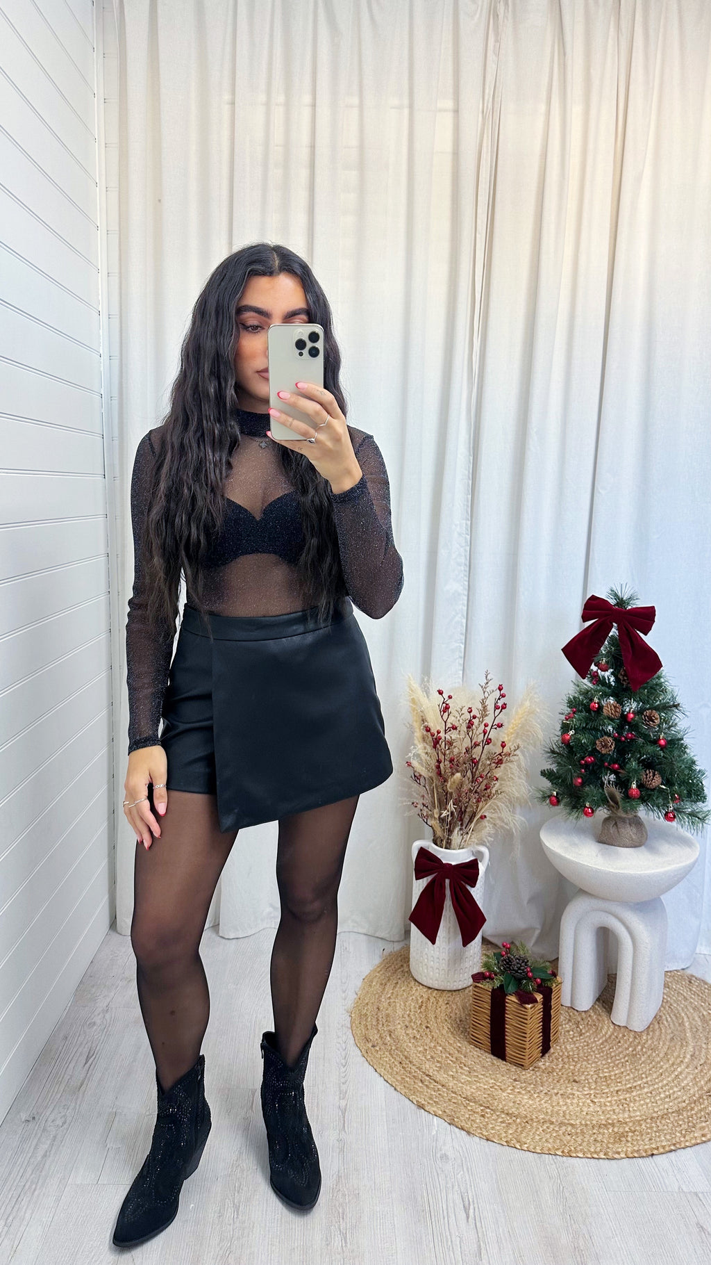 PU Wrap Over Leather Look Skort - BLACK